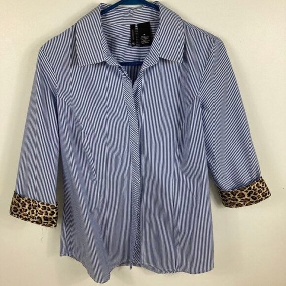 Womens New Directions Striped Leopard Shirt Blue White M - Picture 1 of 9